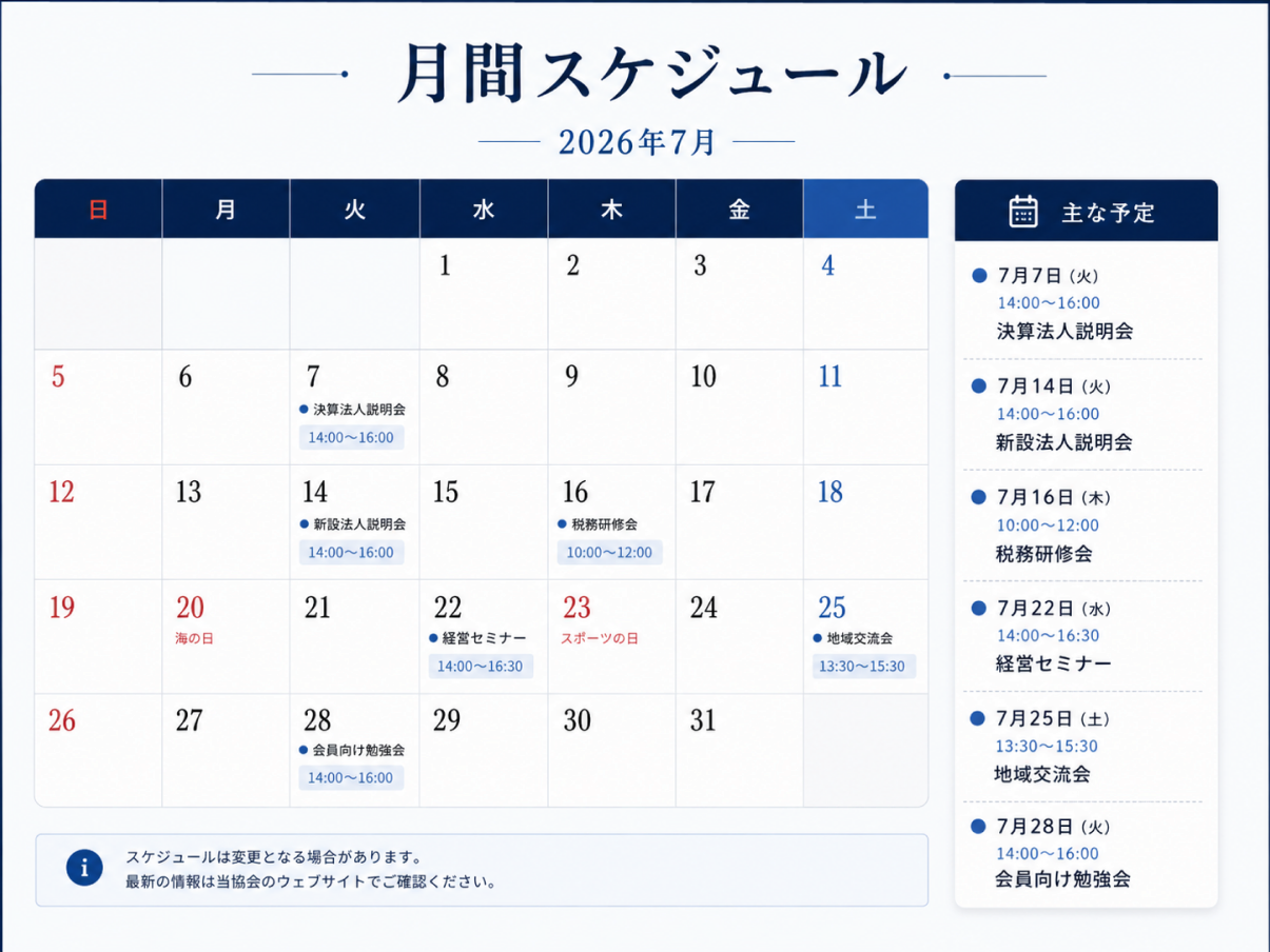 開催予定の月間スケジュールカレンダーのイメージ